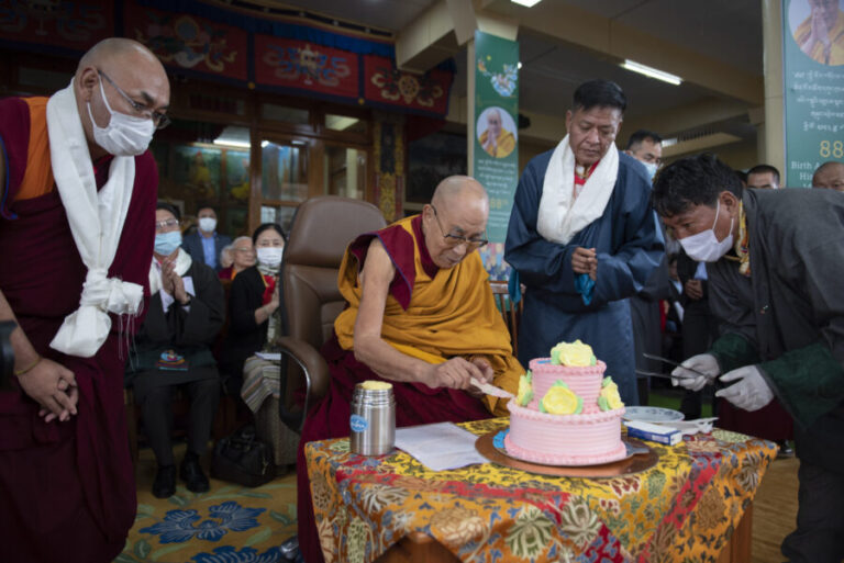 His Holiness the Dalai Lama cutting a birthday cake presented to him during a celebration marking his 88th birthday at the courtyard of Thekchen Choeling Tsuglakhang in Dharamshala on 6 July 2023.