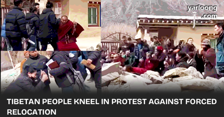 Tibetans kneel in protest against the forced relocation of Yena Monastery for dam construction on the Drichu River, Derge County.